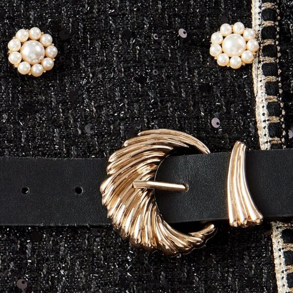 Black Elegant Women's Tweed Sequin Double Breasted Lapel Collar Overcoat Jacket - Picture 11 of 14